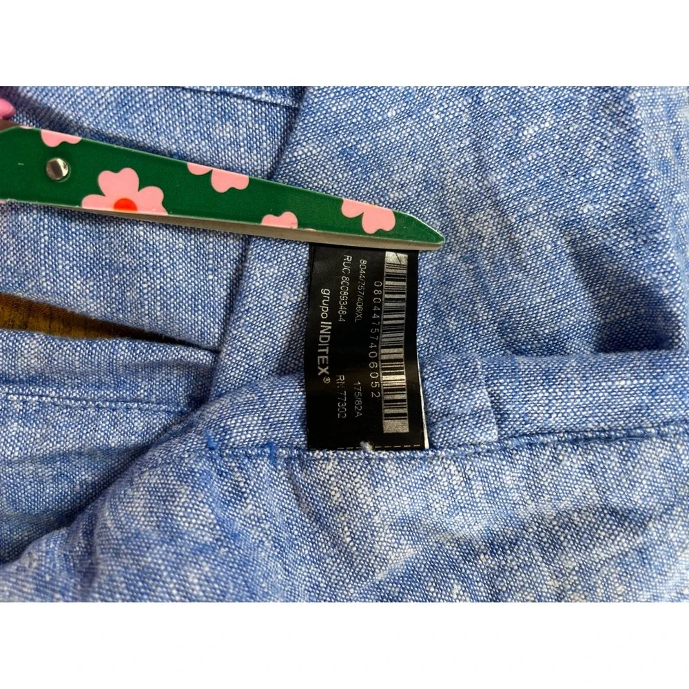 Zara Pants Womens XL Blue Linen Blend High Rise Wide Leg Cropped Patch Pocket